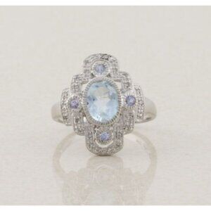 10k White Gold Natural Aquamarine Tanzanite Diamond Ring Size 8